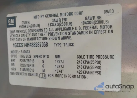 2003 Chevrolet S-10 из США, поврежденный, VIN 1GCCS14H438287068